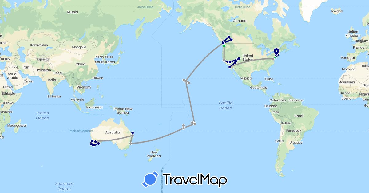 TravelMap itinerary: driving, bus, plane in Australia, Canada, Cook Islands, France, United States (Europe, North America, Oceania)